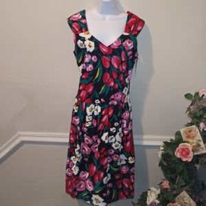 Deadstock Vintage 80's Vandmere Painted Tulip & Roses Drop Waist Floral Sundress